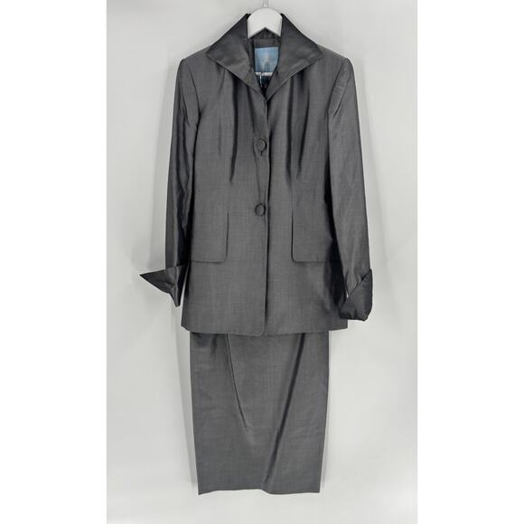 Zang Toi Vintage Skirt Suit Womens 4/6 Gray Metallic Satin 100% Silk Buttons - Picture 1 of 16